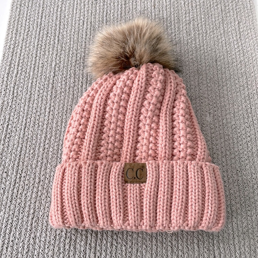 C.C Blush Pink Knit Fleece Lined Hat with Fur Pom